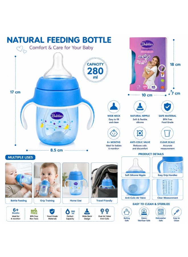 Bubbles Natural Baby Feeding Bottle With Dual Handles 280ml BPA Free Blue 6+ Months - Image 2