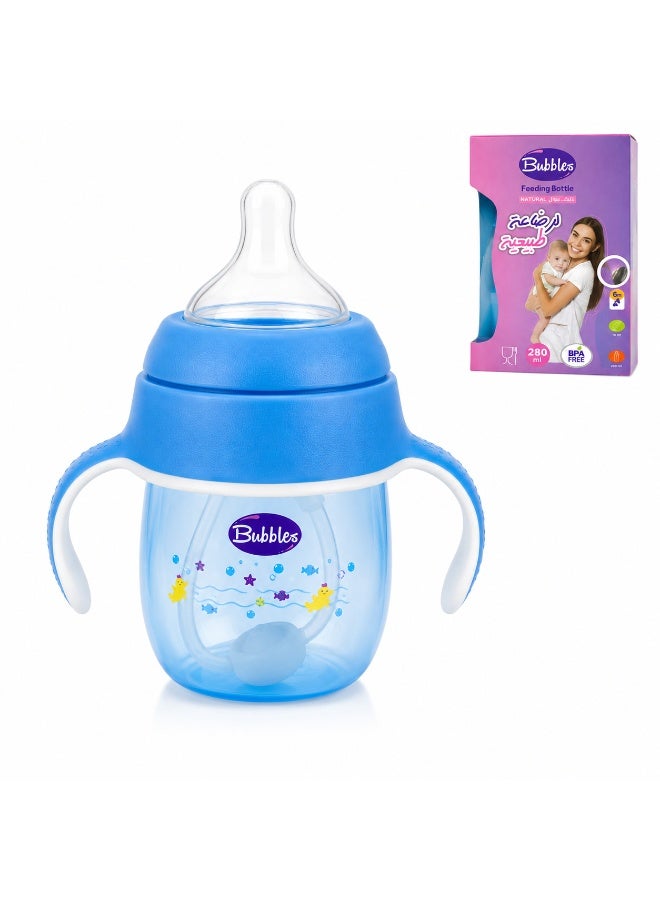Bubbles Natural Baby Feeding Bottle With Dual Handles 280ml BPA Free Blue 6+ Months - Image 1