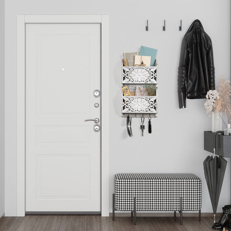 Dhmkfly 2-Slot Mail Organizer Wall Mount with 4 Hooks, Rustic Key and Mail Holder for Home Decorative, Wooden Key Hangers Wall File Organizer Letter Sorter for Letter Magazines - Image 4
