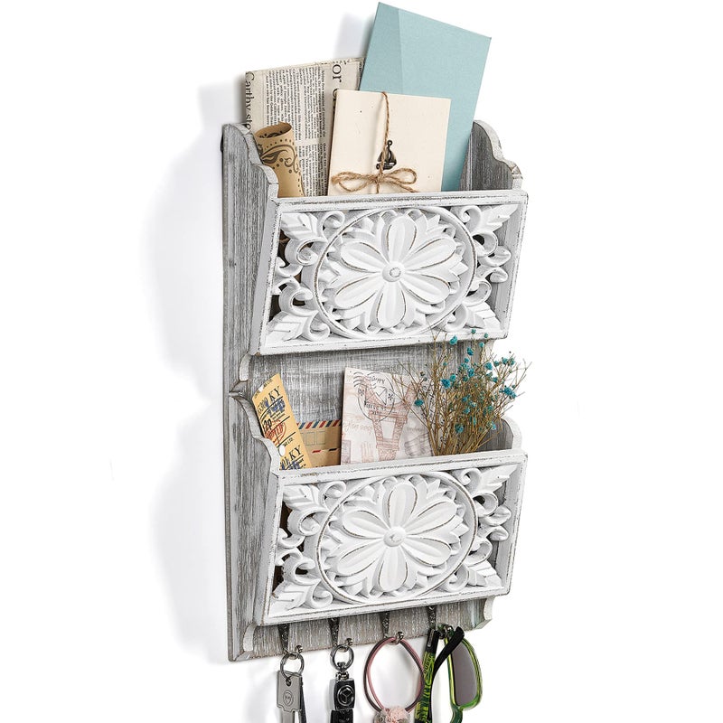 Dhmkfly 2-Slot Mail Organizer Wall Mount with 4 Hooks, Rustic Key and Mail Holder for Home Decorative, Wooden Key Hangers Wall File Organizer Letter Sorter for Letter Magazines - Image 1