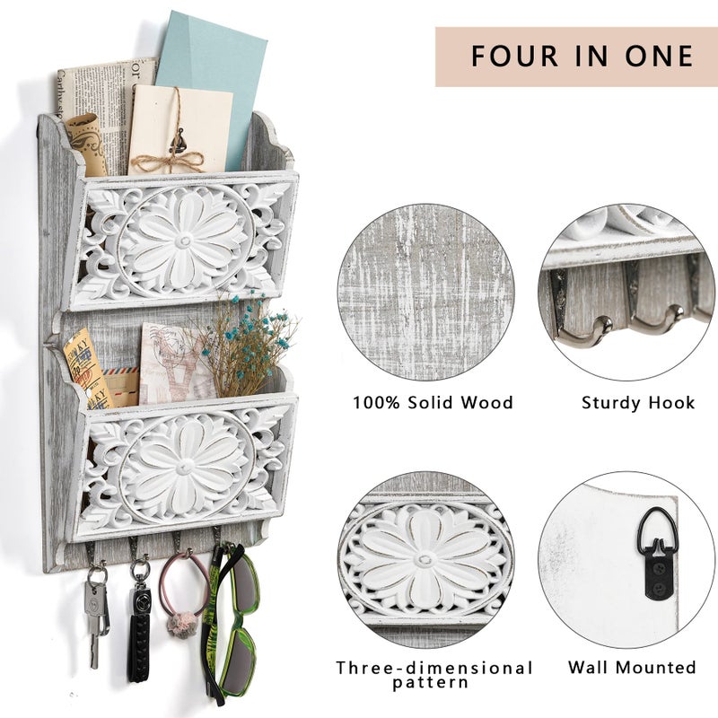 Dhmkfly 2-Slot Mail Organizer Wall Mount with 4 Hooks, Rustic Key and Mail Holder for Home Decorative, Wooden Key Hangers Wall File Organizer Letter Sorter for Letter Magazines - Image 2