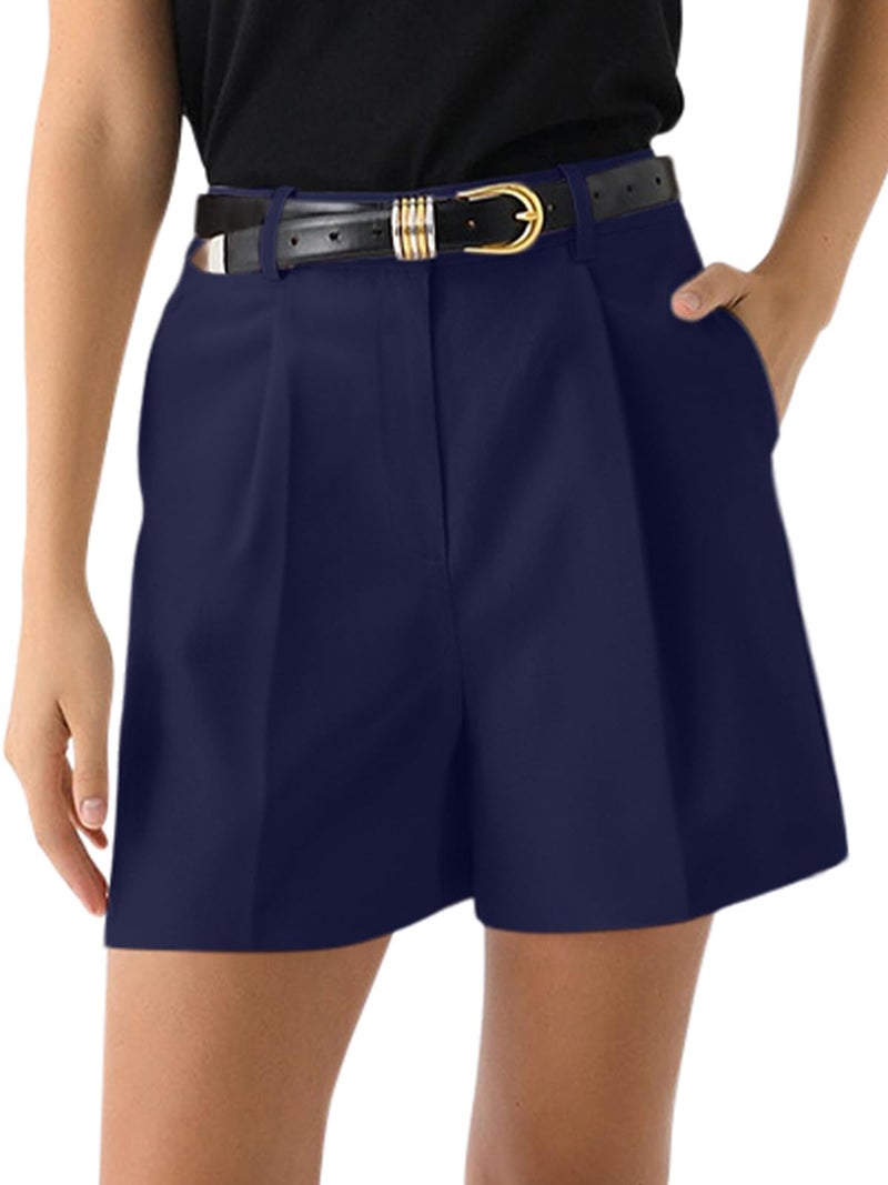 NIMIN Shorts for Women High Waisted Dressy Tailored Work Shorts Pleated Business Casual Work Office 2025 Summer Trendy Trouser Linen Shorts Navy Blue Medium - Image 5