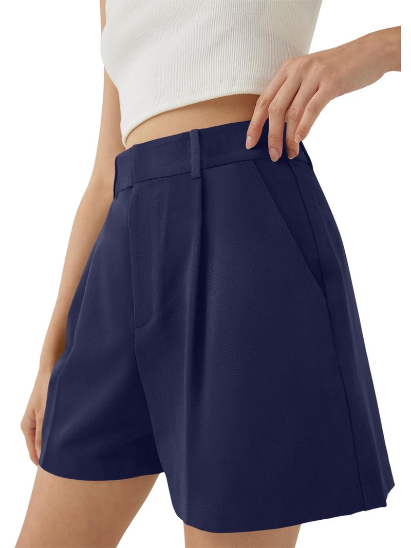 NIMIN Shorts for Women High Waisted Dressy Tailored Work Shorts Pleated Business Casual Work Office 2025 Summer Trendy Trouser Linen Shorts Navy Blue Medium - Image 3