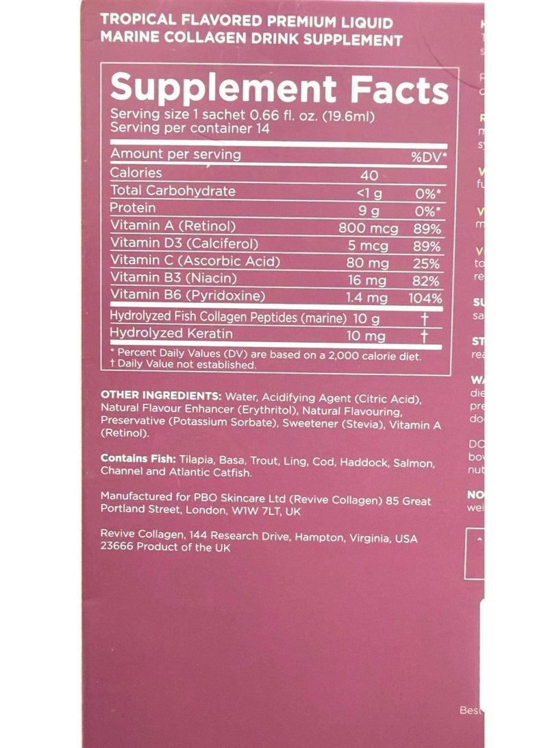 Revive Collagen مشروب كولاجين بحري مهدرج معزز بجرعة 10,000 ملغ مع فيتامين أ و ج لصحة البشرة والشعر والأظافر والمفاصل | استوائي (14 يومًا من الإمدادات) - Image 2