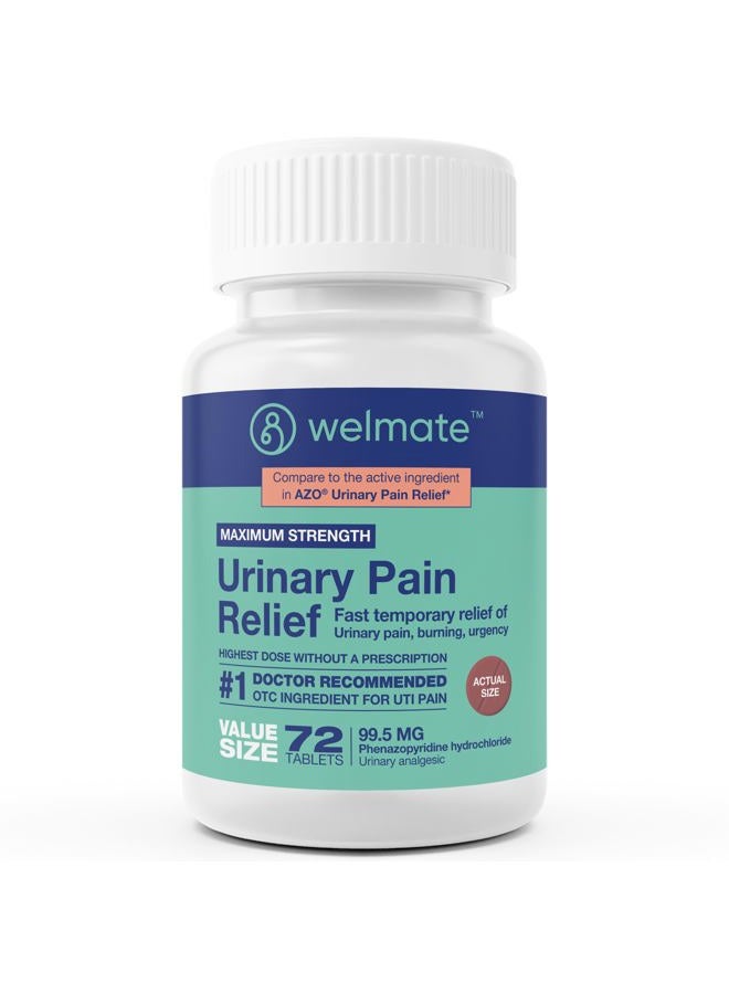 WELMATE Urinary Pain Relief | Uti Relief | Fast Acting | Discomfort & Bladder Pain Relief | Phenazopyridine Hydrochloride 99.5Mg | 72 Count Tablets - Image 1