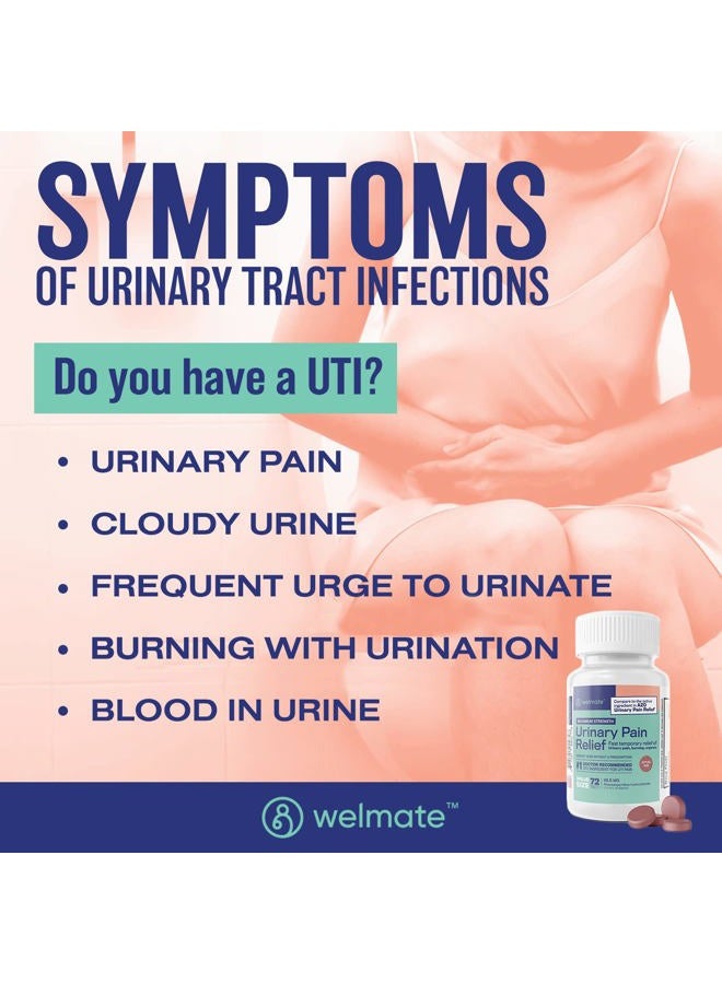 WELMATE Urinary Pain Relief | Uti Relief | Fast Acting | Discomfort & Bladder Pain Relief | Phenazopyridine Hydrochloride 99.5Mg | 72 Count Tablets - Image 2