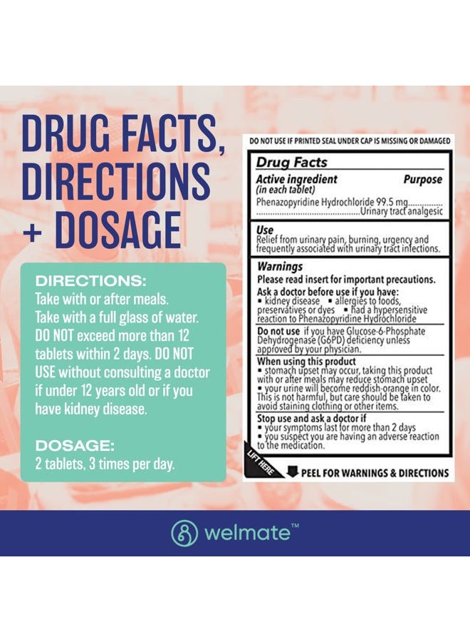WELMATE Urinary Pain Relief | Uti Relief | Fast Acting | Discomfort & Bladder Pain Relief | Phenazopyridine Hydrochloride 99.5Mg | 72 Count Tablets - Image 4