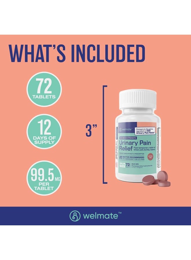 WELMATE Urinary Pain Relief | Uti Relief | Fast Acting | Discomfort & Bladder Pain Relief | Phenazopyridine Hydrochloride 99.5Mg | 72 Count Tablets - Image 5