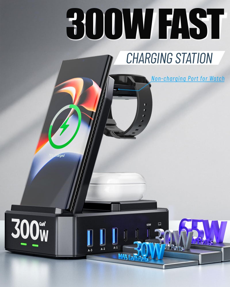 zutspzss Wireless Charger for Samsung,300W 10 in 1 Wireless Charging Station, 65W USB C Fast Charging Stand for Samsung S25 Ultra/S24/S23/S22/Note 20,Galaxy Watch Ultra7/6/5,Galaxy Buds(Not for Apple Watch) - Image 3