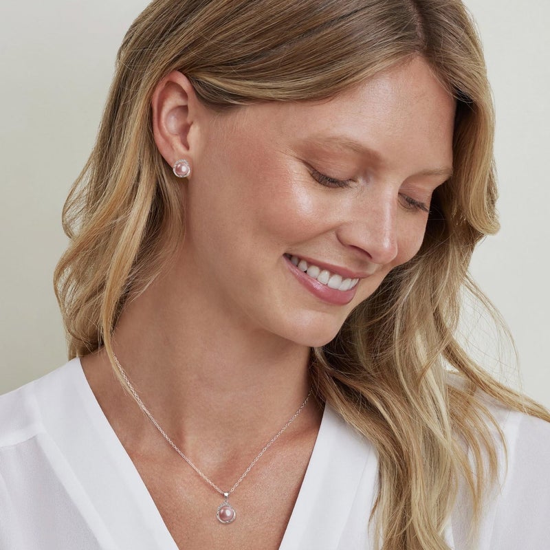 The Pearl Source 8mm & 9mm Freshwater Cultured Pearl & Cubic Zirconia Johnson Pendant & Earrings for Women - Image 2