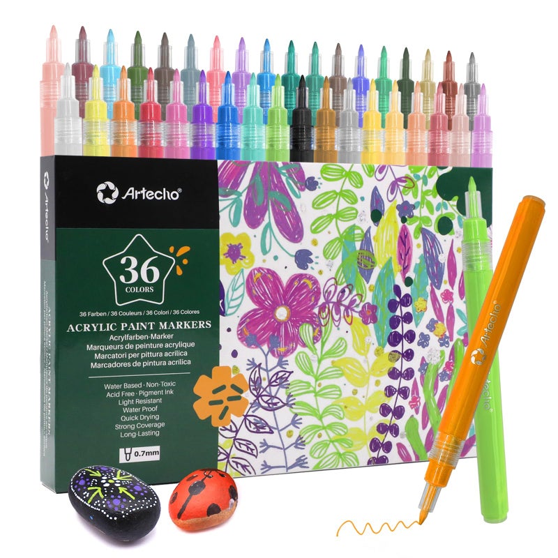 Artecho Acrylic Paint Markers 36 Colors 0.7mm Extra Fine Tip Paint Pens for Rock Painting, Ceramic, Fabric, Canvas, Wood, Glass, Art Supplies - Image 1