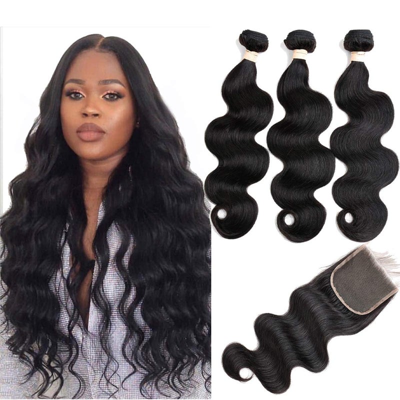 Beauhair Brazilian Virgin Hair Body Wave 3 Bundles with Closure Free Part 12A Unprocessed Brazilian Body Wave Human Hair Weft Extensions with 4x4 Lace Closure Natural Color16 18 20 with 16 Free Part