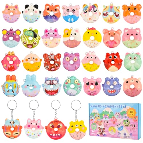 GOLDGE 32 Pcs Squishy Donut Keychains Not Attached Colorful Party Favors Goodie Bag Pinata Stuffers Classroom Carnival Prizes Treasure Box Toys for Kids 32 Pcs Squishy Donut Keychains - Image 1