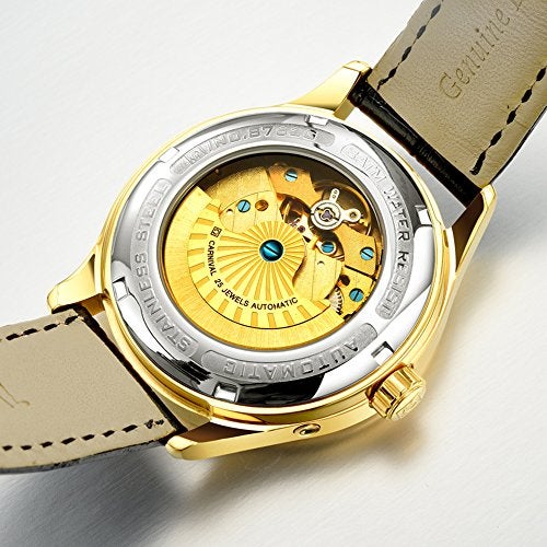 Carnival Mens Kinetic Display Automatic Machine Stainless Steel Sapphire Waterproof Leather Black Watch (Gold/Black Dial) - Image 3