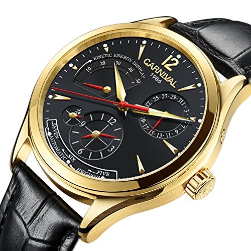 Carnival Mens Kinetic Display Automatic Machine Stainless Steel Sapphire Waterproof Leather Black Watch (Gold/Black Dial) - Image 2