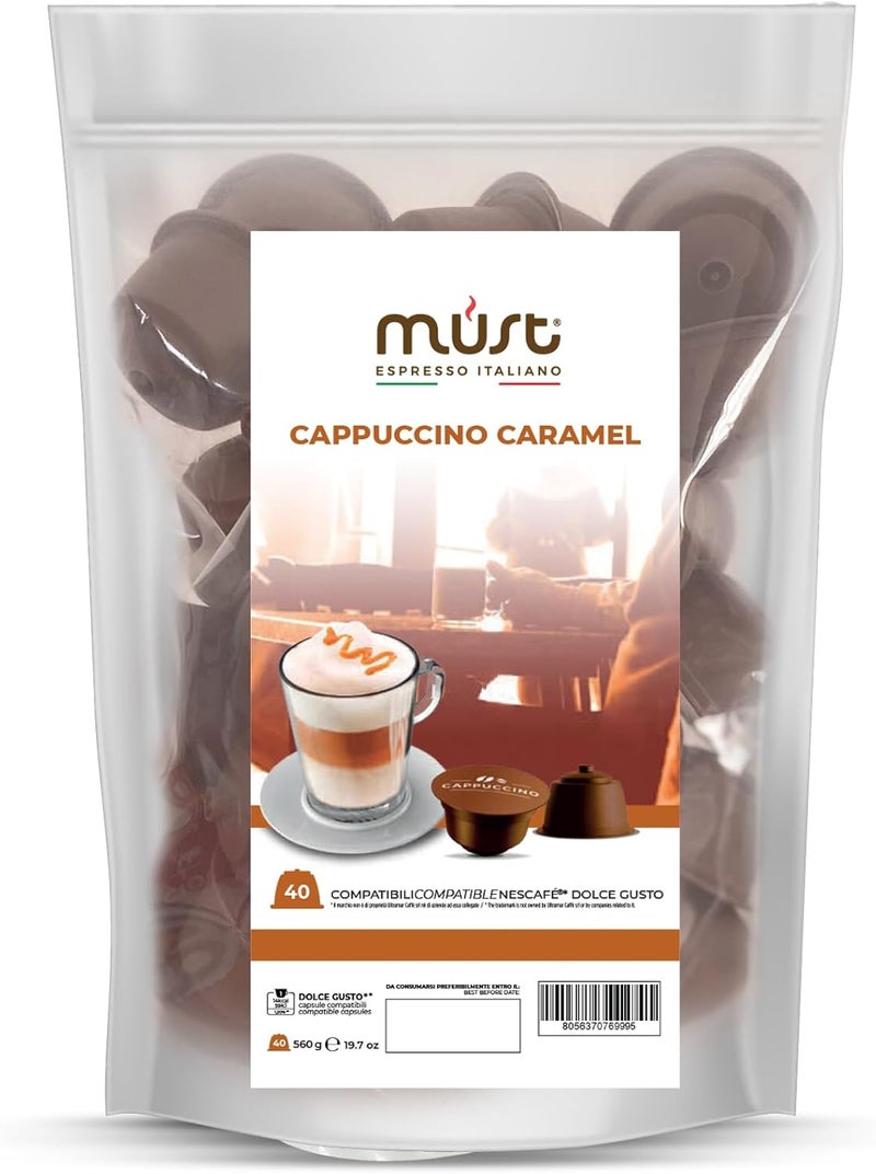 MUST 40 Capsules, Coffee Capsules Self Protected in 100% Recyclable Plastic, CAPPUCCINO CARAMEL blend Pack of 40 Capsules Compatible with Dolce Gusto Machine, Made in Italy
