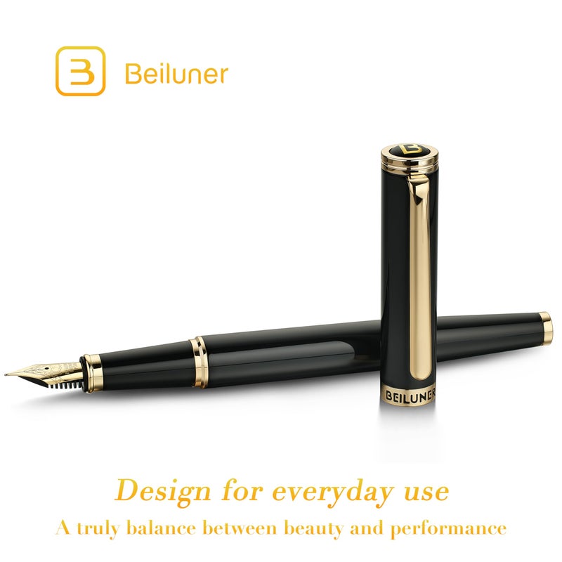 BEILUNER Black Fountain Pen,Stunning Luxury Pens with 24K Gold Accents, Gorgeous 24K Gilded Nib(Fine), Trustworthy Pen Gift for Men&Women -Ink Converter-Elegant, Reliable,Fancy Pen for Writing - Image 2