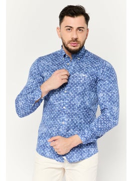 Harmont & Blaine Men Narrow Fit Chambray Print Long Sleeves Casual Shirt, Blue  - Image 1