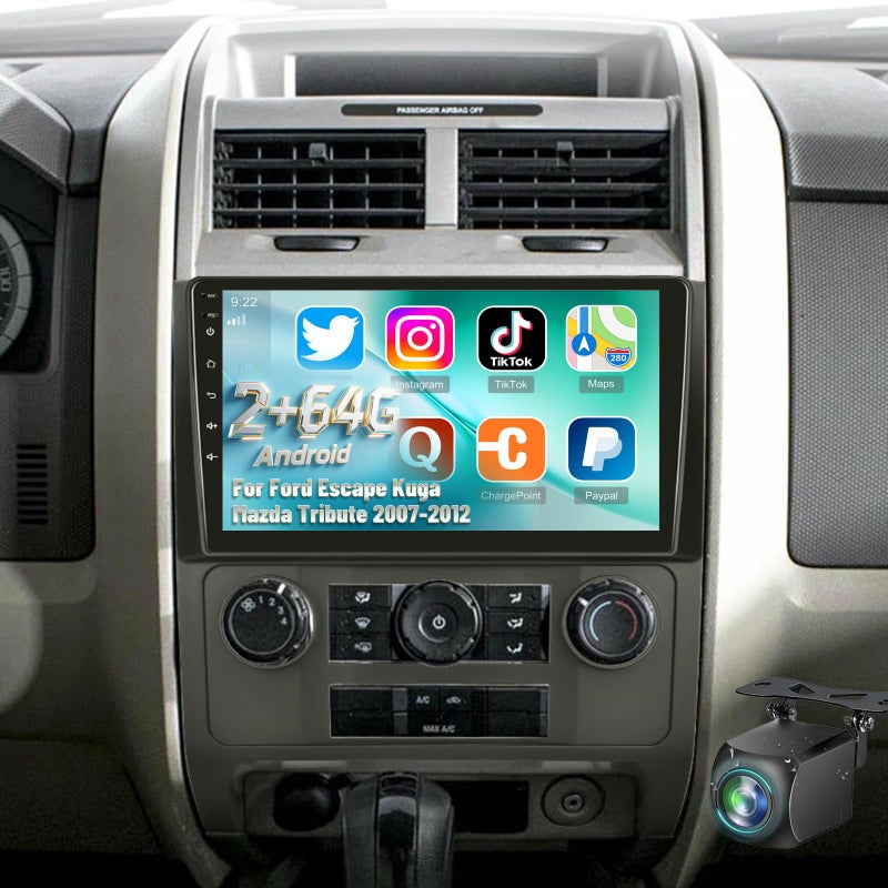 EKAT 2+64G Radio for Ford Escape Kuga Mazda Tribute 2007 2008 2009 2010 2011 2012, EKAT Android Ford Escape Car Stereo with 9 inch Touch Screen, Carplay/Android Auto/1080P/Bluetooth/WiFi - Image 1
