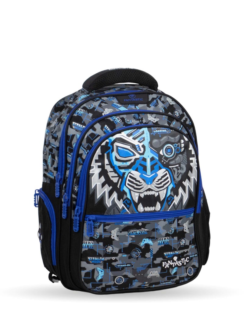 Fantastic QY001 School Backpack, Digital Tiger Design, 3 Compartments, 25L, Blue and Black, 40×30×15cm - Image 1