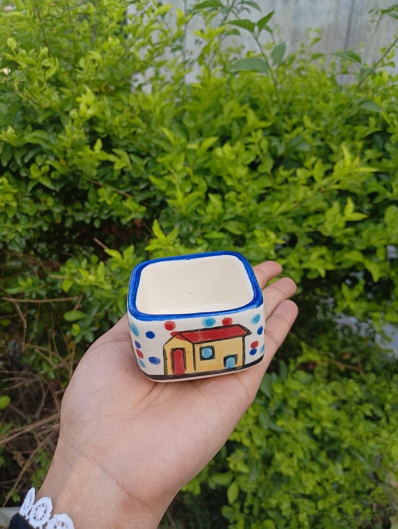 MALAIKAH Ceramic Hut Printed Square Shape Bowl Chutney Bowls for Serving Dip Bowls (Set of 2, 80 ML, Multicolored, Dishwasher Safe) | Hand Painted Bowls for Kitchen Dining Table Bowl Set - Image 5