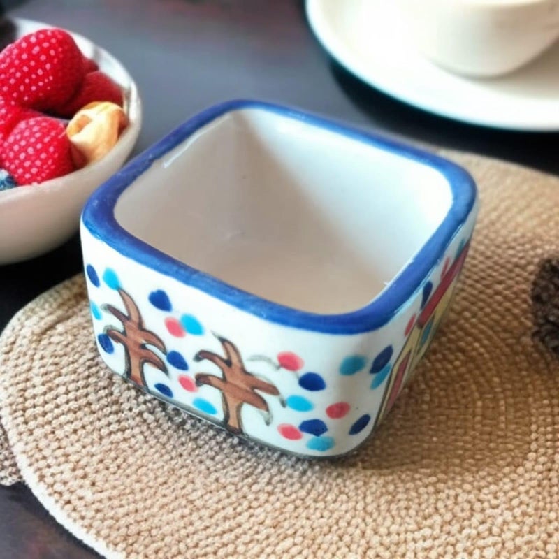 MALAIKAH Ceramic Hut Printed Square Shape Bowl Chutney Bowls for Serving Dip Bowls (Set of 2, 80 ML, Multicolored, Dishwasher Safe) | Hand Painted Bowls for Kitchen Dining Table Bowl Set - Image 3