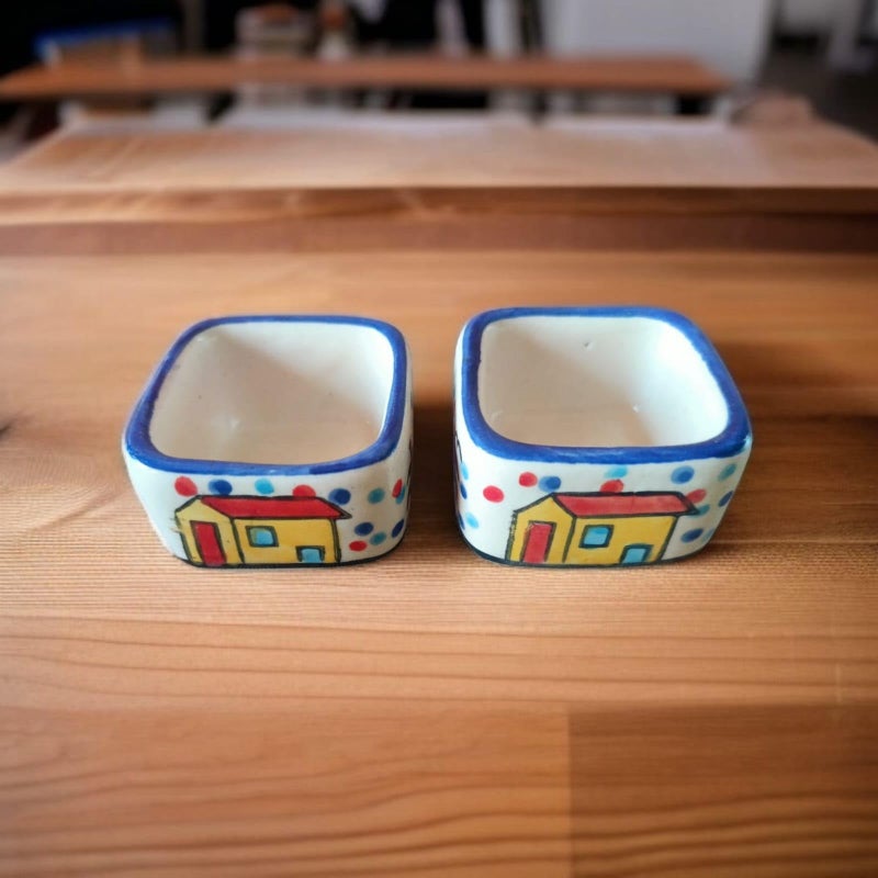 MALAIKAH Ceramic Hut Printed Square Shape Bowl Chutney Bowls for Serving Dip Bowls (Set of 2, 80 ML, Multicolored, Dishwasher Safe) | Hand Painted Bowls for Kitchen Dining Table Bowl Set - Image 2