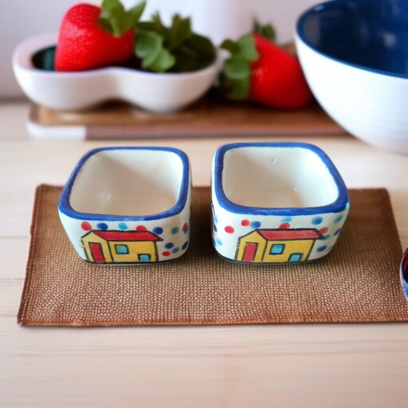 MALAIKAH Ceramic Hut Printed Square Shape Bowl Chutney Bowls for Serving Dip Bowls (Set of 2, 80 ML, Multicolored, Dishwasher Safe) | Hand Painted Bowls for Kitchen Dining Table Bowl Set - Image 1