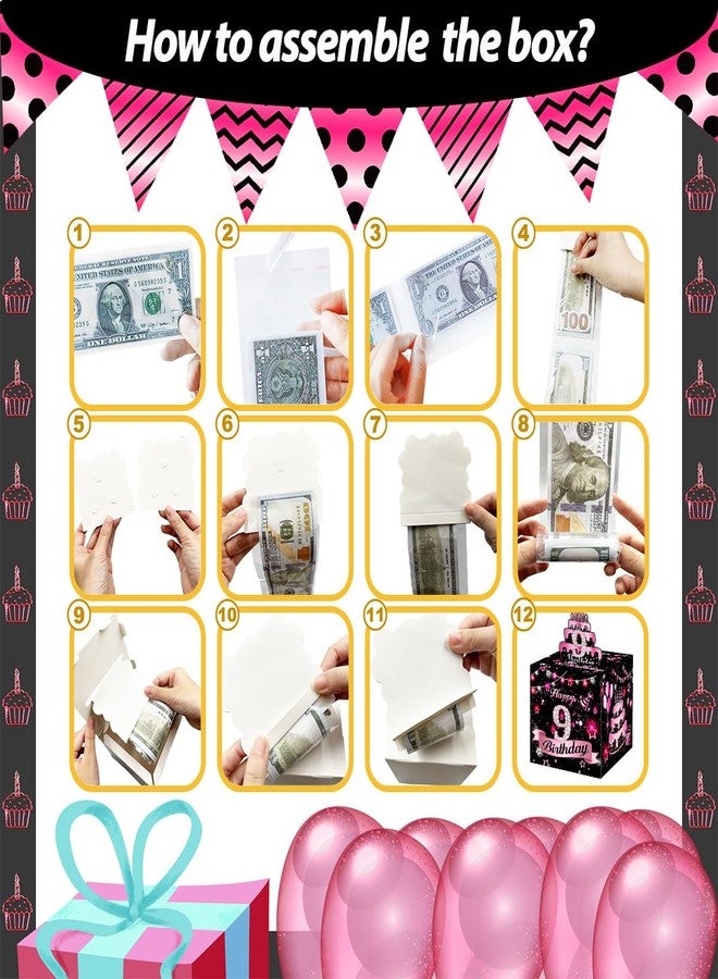 Toerifer Birthday Money Box for Cash Gift, 9th Surprise Box Explosion Gift for Girls Boys Kids, 9th Birthday Money Gift Ideas, 9 Years Old Birthday Pink Party Decor -Included 35 Bags - Image 3