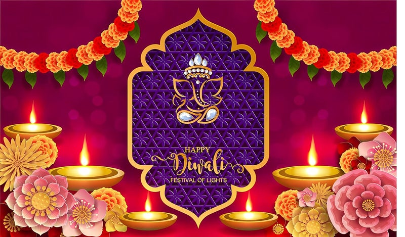 Happy Diwali Festival of Lights with Ganeshji Design Backdrop Cloth for Pooja Decoration Traditional Background Curtain Cloth for Festival Size 3Feet Height & 5Feet Width(3 * 5)