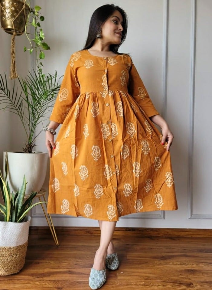 IndHeritage - Premium mustard colour dress, calf length dress with white floral prints - Stylish trending Indo Western Dress - IDH00205 - Image 1