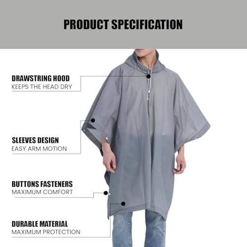 HACER EVA Raincoat Poncho 70 GSM with Adjustable Hood Full Sleeves Knee Length Unisex Universal Size Water Resistant Outdoor Rainwear for Camping Trekking Hiking Men and Women (Pack of 1, Grey) - Image 4