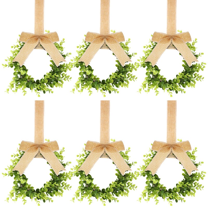 Yilloog 6 Pcs Christmas Kitchen Cabinet Wreaths Decorative Boxwood Wreaths with Ribbon Artificial Greenery Farmhouse for Decorating Front Door Window PartyLinen Color