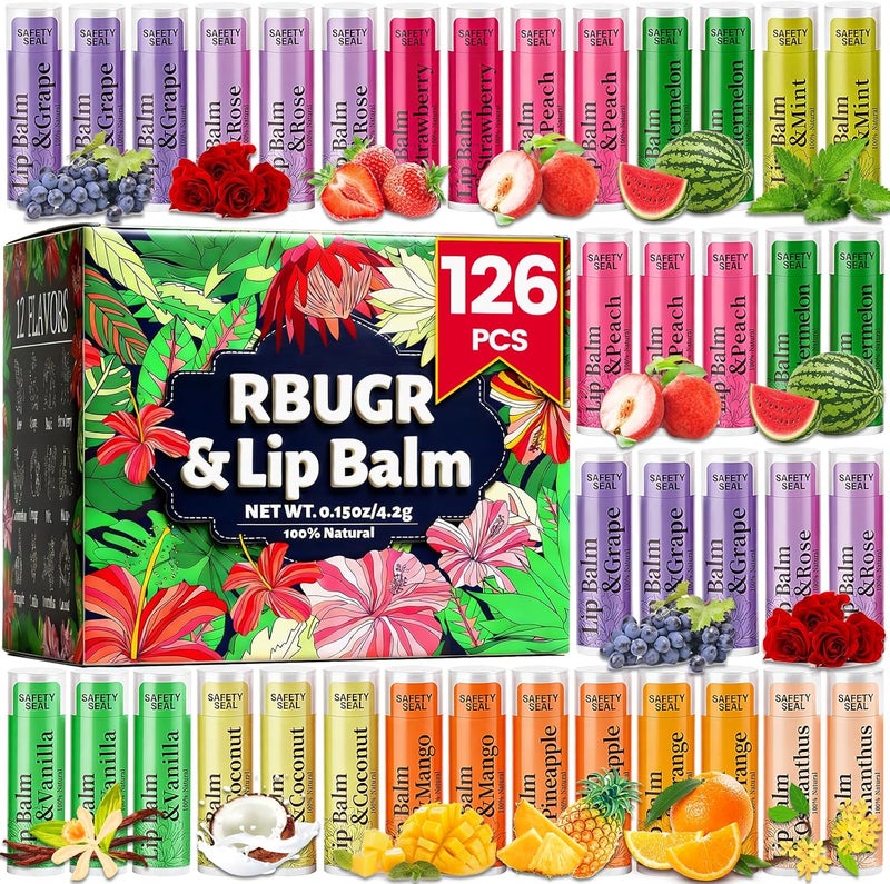 RBUGR 126 Pcs Lip Balm Bulk, 12 Flavored Pack of Lip Balms Natural Lip Balm Pack Moisturising Organic Lip Balm Set for Cracked Lips, Bulk Gifts Stocking Stuffers Party Favors(4.2g/0.15oz) - Image 1