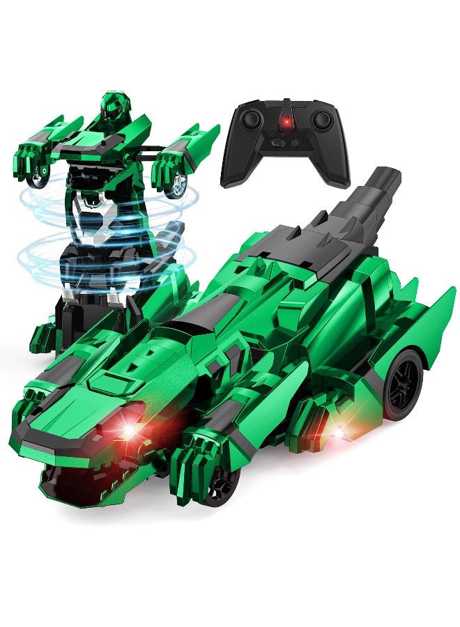 ZESITH 2.4G Remote Control Dinosaur Transforming Car Robot Upright Walking Kids Toy Green - Image 1