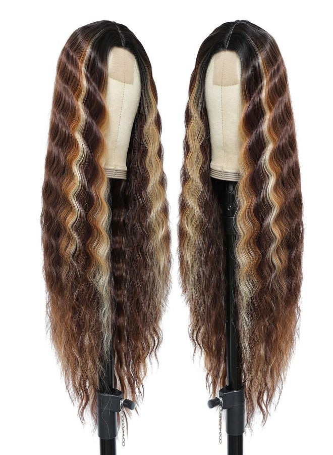 Clione Long Deep Wave Wig Brown Mixed Blonde Middle Part Wig Highlights Synthetic Wig Natural Crimps Curly Lace Front Wigs for Women Hair Replacement Wigs 28" - Image 2