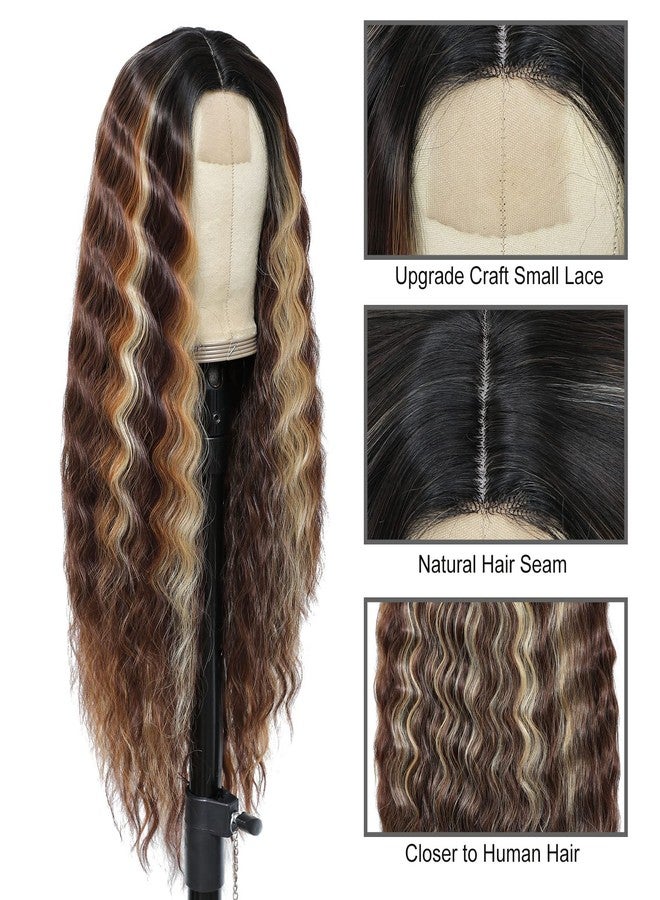 Clione Long Deep Wave Wig Brown Mixed Blonde Middle Part Wig Highlights Synthetic Wig Natural Crimps Curly Lace Front Wigs for Women Hair Replacement Wigs 28" - Image 4