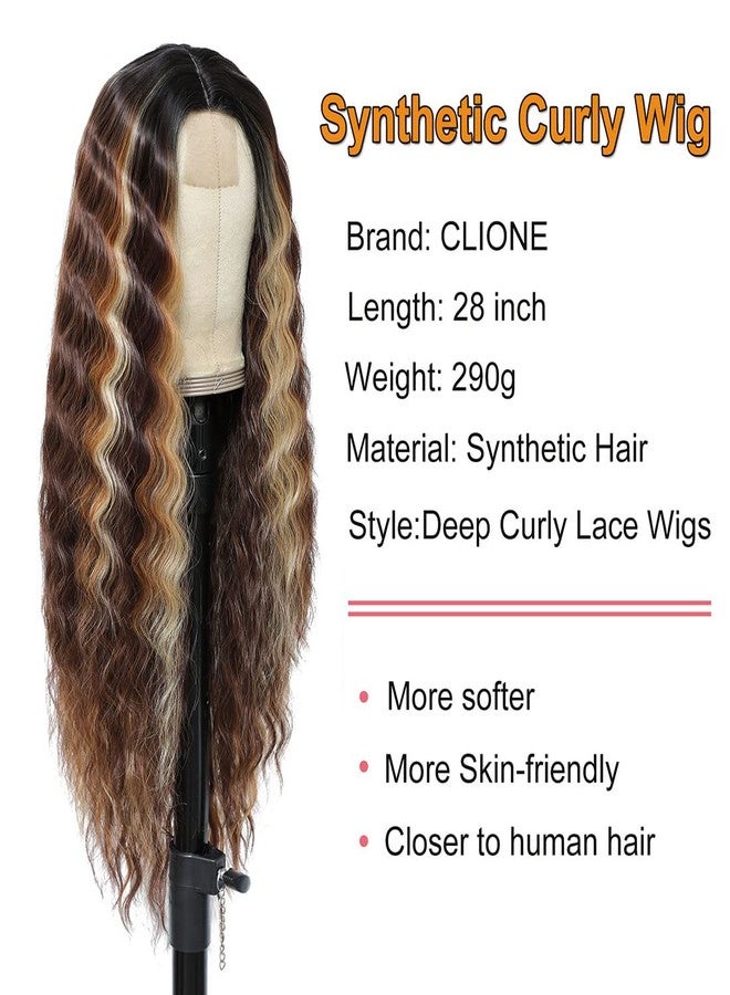 Clione Long Deep Wave Wig Brown Mixed Blonde Middle Part Wig Highlights Synthetic Wig Natural Crimps Curly Lace Front Wigs for Women Hair Replacement Wigs 28" - Image 3