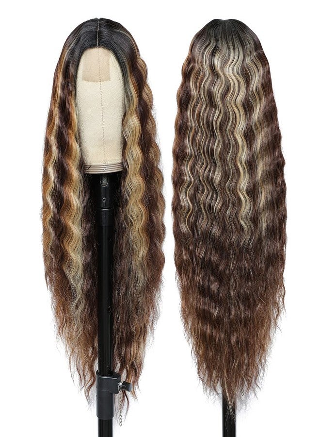 Clione Long Deep Wave Wig Brown Mixed Blonde Middle Part Wig Highlights Synthetic Wig Natural Crimps Curly Lace Front Wigs for Women Hair Replacement Wigs 28" - Image 5