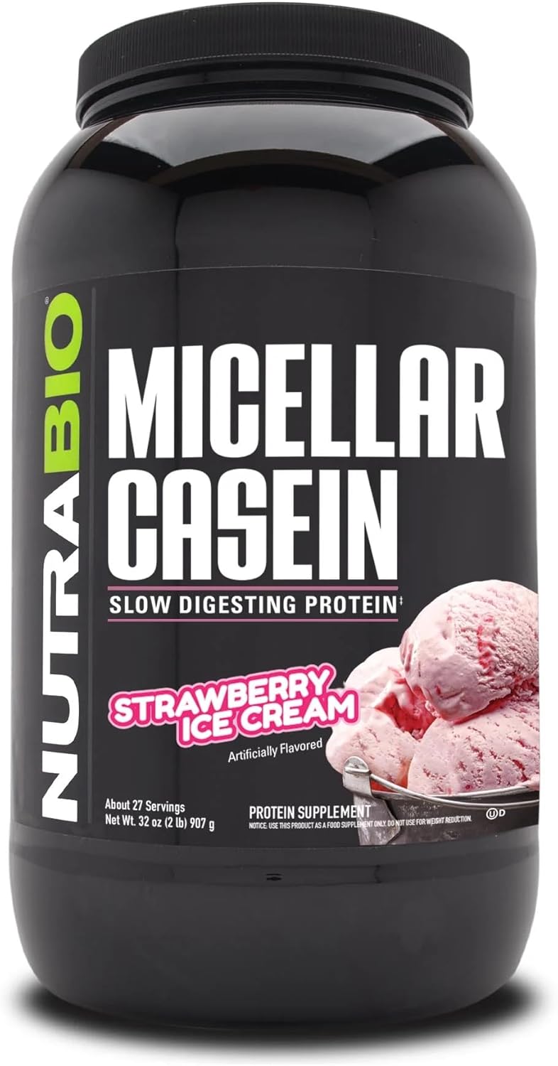 NutraBio Casein Protein Powder Micellar Casien Powder 25g Slow Digesting Protein Helps Keep You Full Overnight Muscle Recovery  Growth BCAA  EAA Gluten Free Soy Free 2lb Strawberry Ice Cream - Image 1
