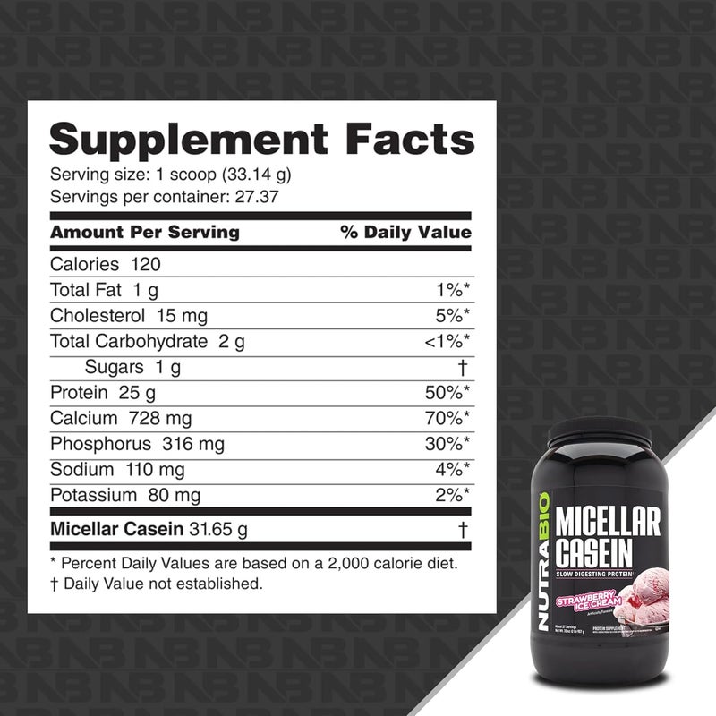 NutraBio Casein Protein Powder Micellar Casien Powder 25g Slow Digesting Protein Helps Keep You Full Overnight Muscle Recovery  Growth BCAA  EAA Gluten Free Soy Free 2lb Strawberry Ice Cream - Image 2