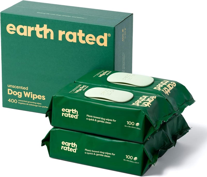 إيرث ريتد مناديل الك��اب والجراء من Earth Rated، مناديل تنظيف سميكة نباتية لسهولة الاستخدام على الأقدام والجسم والمؤخرة، بدون عطر، 400 منديل مواد طبيعية معالجة - Image 1