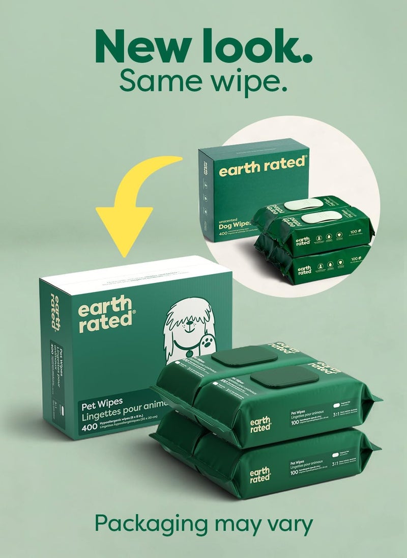 إيرث ريتد مناديل الك��اب والجراء من Earth Rated، مناديل تنظيف سميكة نباتية لسهولة الاستخدام على الأقدام والجسم والمؤخرة، بدون عطر، 400 منديل مواد طبيعية معالجة - Image 2