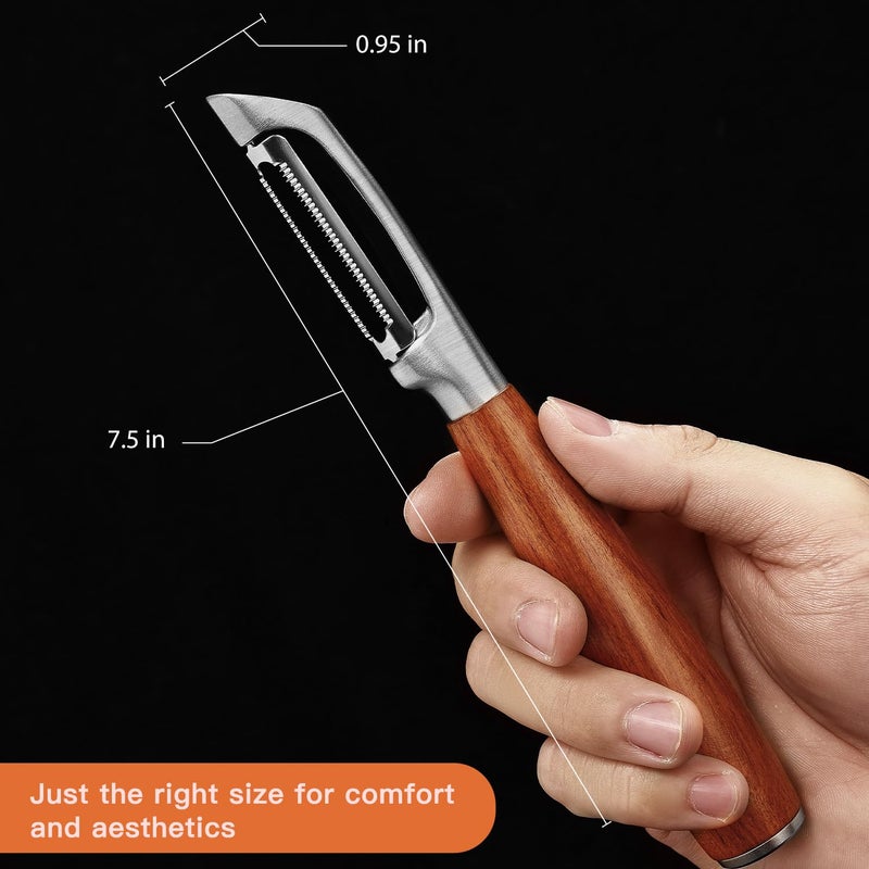 KULUNERï¼ŒPremium High-End Rosewood Handle and 304 Stainless Steel Serrated Blade - An Ultra-Sharp Rotating Peeler for Potatoes, Fruits, and Vegetables, Ergonomically Designed for Easy Peeling. - Image 4