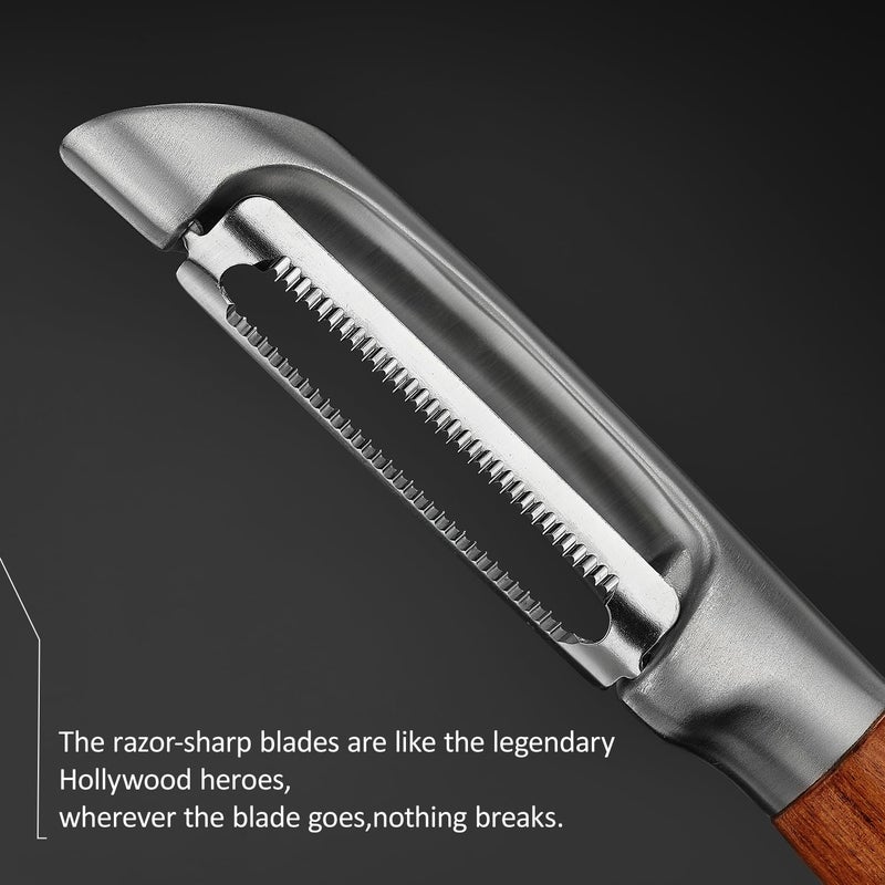 KULUNERï¼ŒPremium High-End Rosewood Handle and 304 Stainless Steel Serrated Blade - An Ultra-Sharp Rotating Peeler for Potatoes, Fruits, and Vegetables, Ergonomically Designed for Easy Peeling. - Image 3