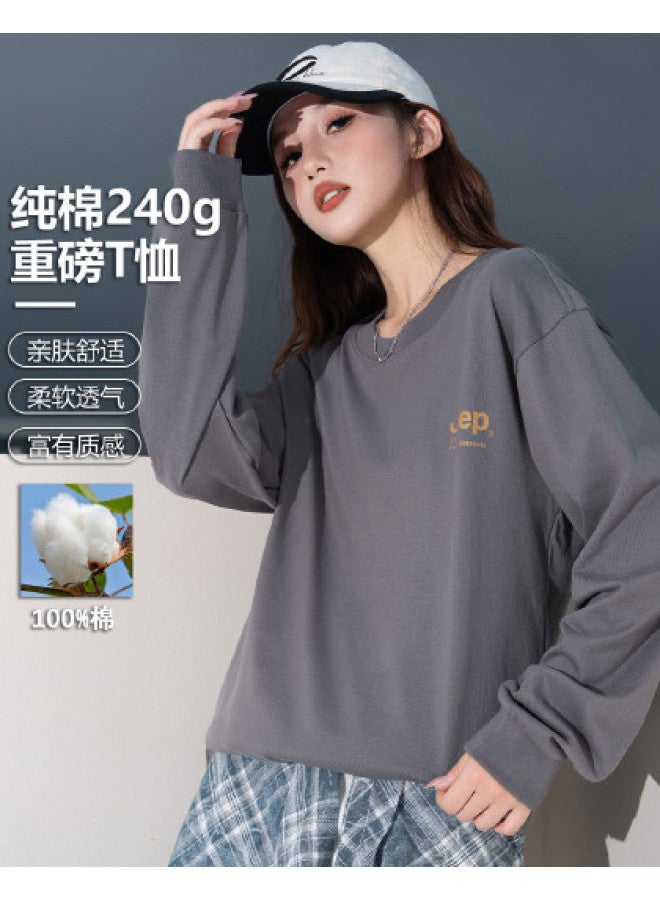 Jeep Women'S Casual Round Neck Long Sleeve T-Shirt, Loose Fit Pure Cotton Top For Autumn - Image 1