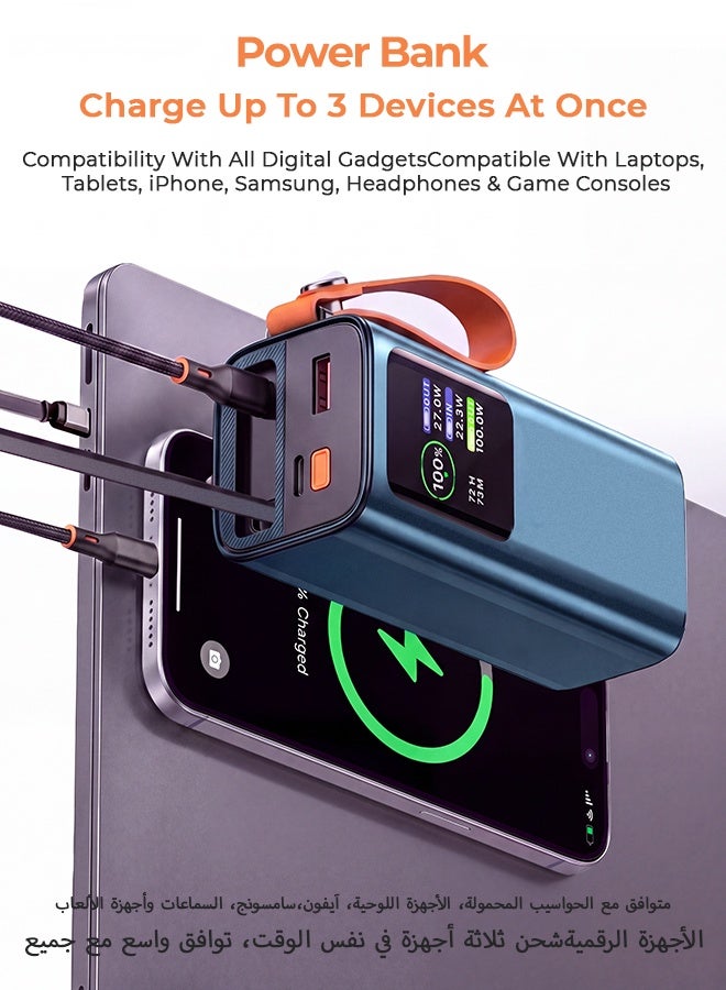 20000mAh 100W Fast Charging Power Bank with Built-in Retractable Type-C Cable & Flashlight, HD Digital Display Portable Charger, 2 Input 3 Output, Flight Approved - Blue - Image 1