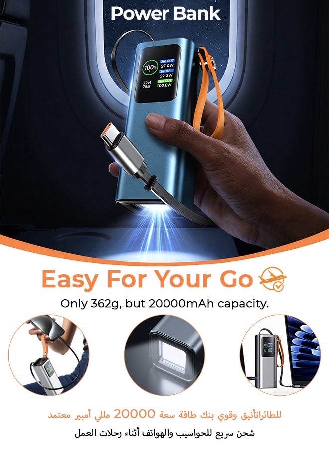 20000mAh 100W Fast Charging Power Bank with Built-in Retractable Type-C Cable & Flashlight, HD Digital Display Portable Charger, 2 Input 3 Output, Flight Approved - Blue - Image 5
