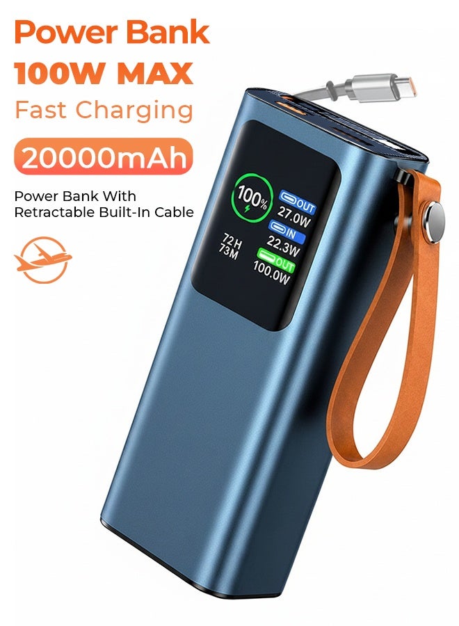 20000mAh 100W Fast Charging Power Bank with Built-in Retractable Type-C Cable & Flashlight, HD Digital Display Portable Charger, 2 Input 3 Output, Flight Approved - Blue - Image 2