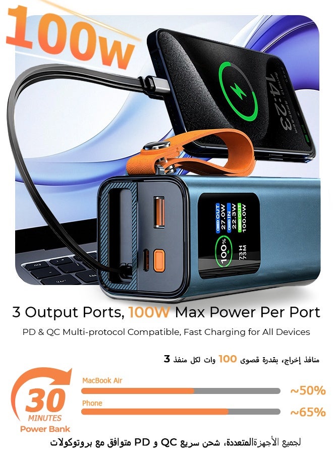 20000mAh 100W Fast Charging Power Bank with Built-in Retractable Type-C Cable & Flashlight, HD Digital Display Portable Charger, 2 Input 3 Output, Flight Approved - Blue - Image 3